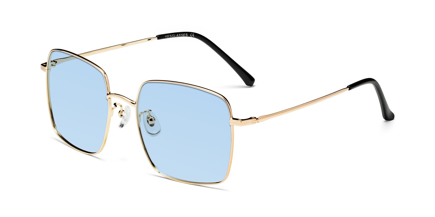 Angle of Billie in Gold with Light Blue Tinted Lenses