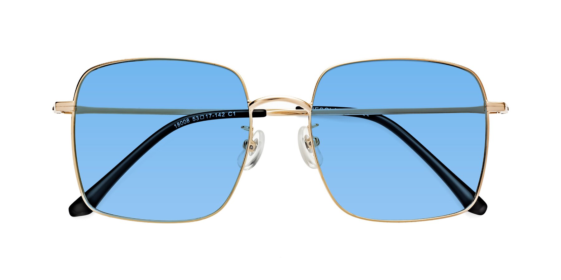 Folded Front of Billie in Gold with Medium Blue Tinted Lenses