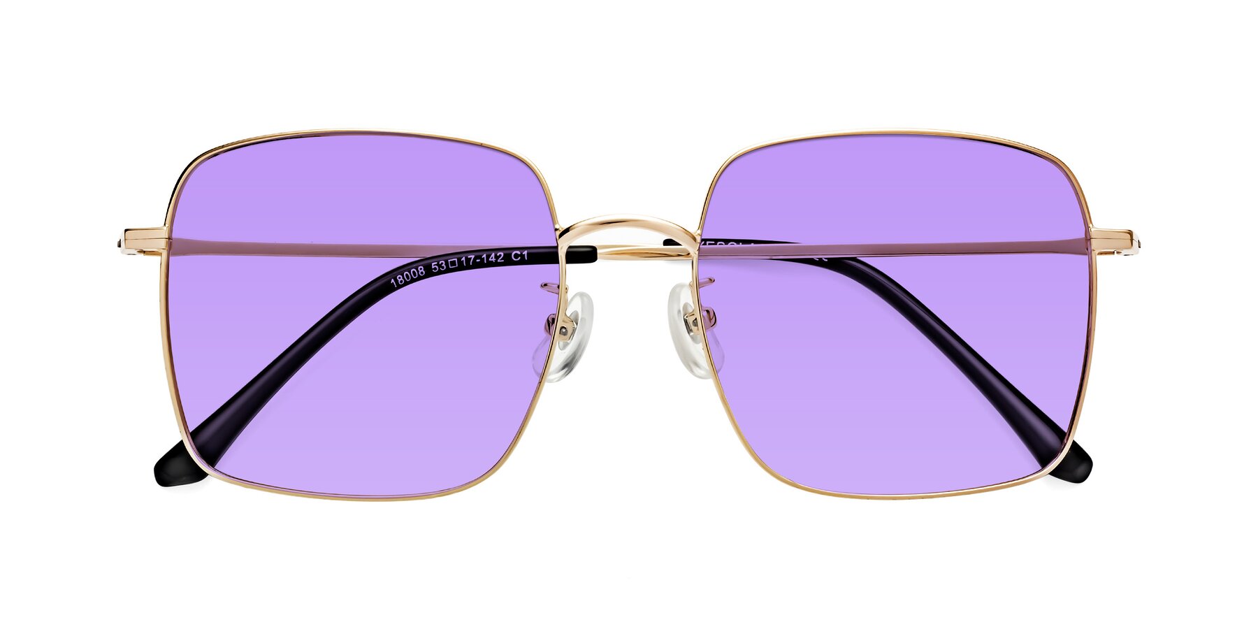 Folded Front of Billie in Gold with Medium Purple Tinted Lenses