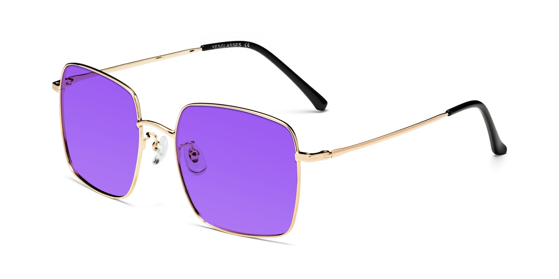 Angle of Billie in Gold with Purple Tinted Lenses