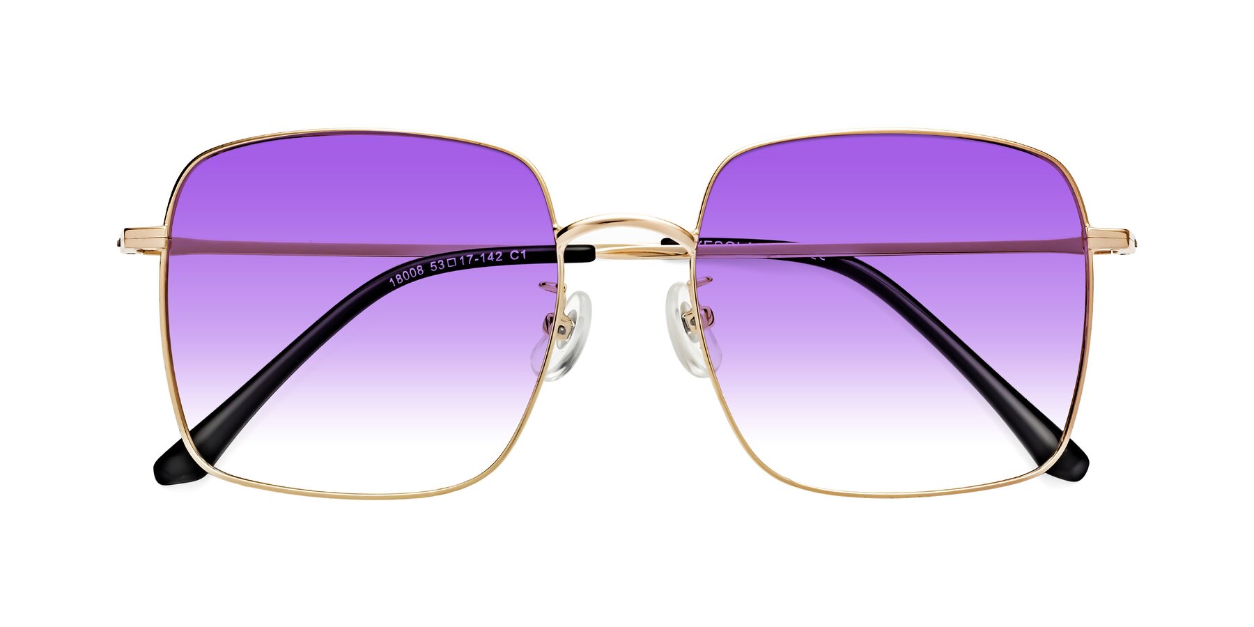 Folded Front of Billie in Gold with Purple Gradient Lenses