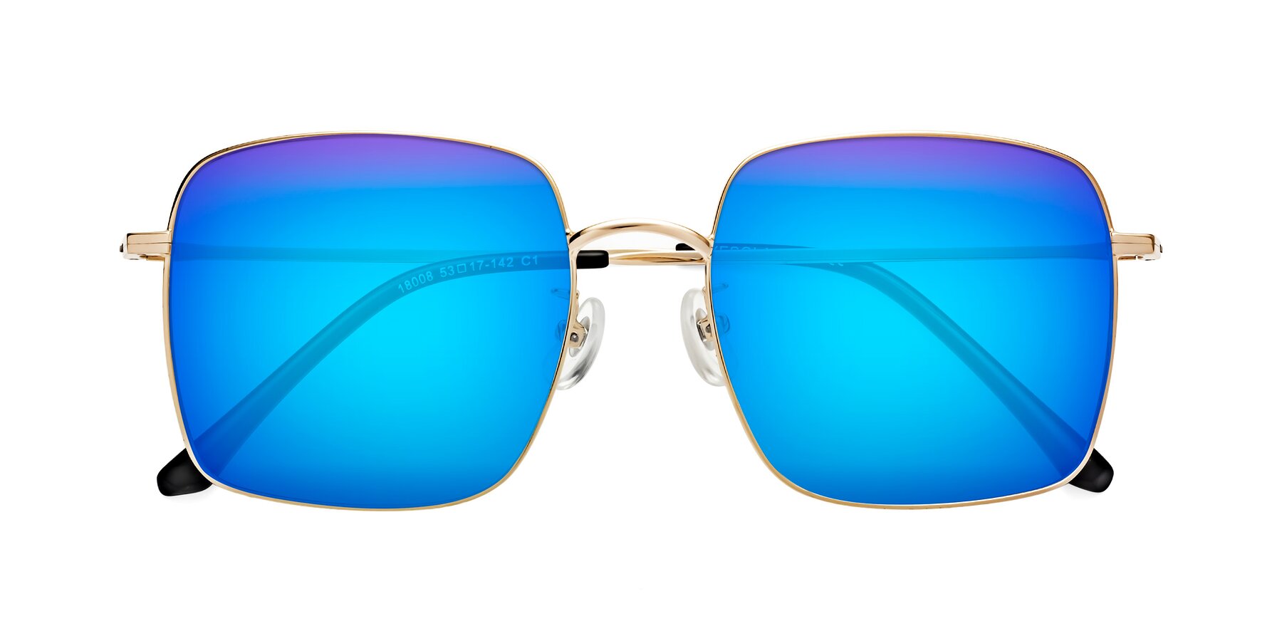 Folded Front of Billie in Gold with Blue Mirrored Lenses