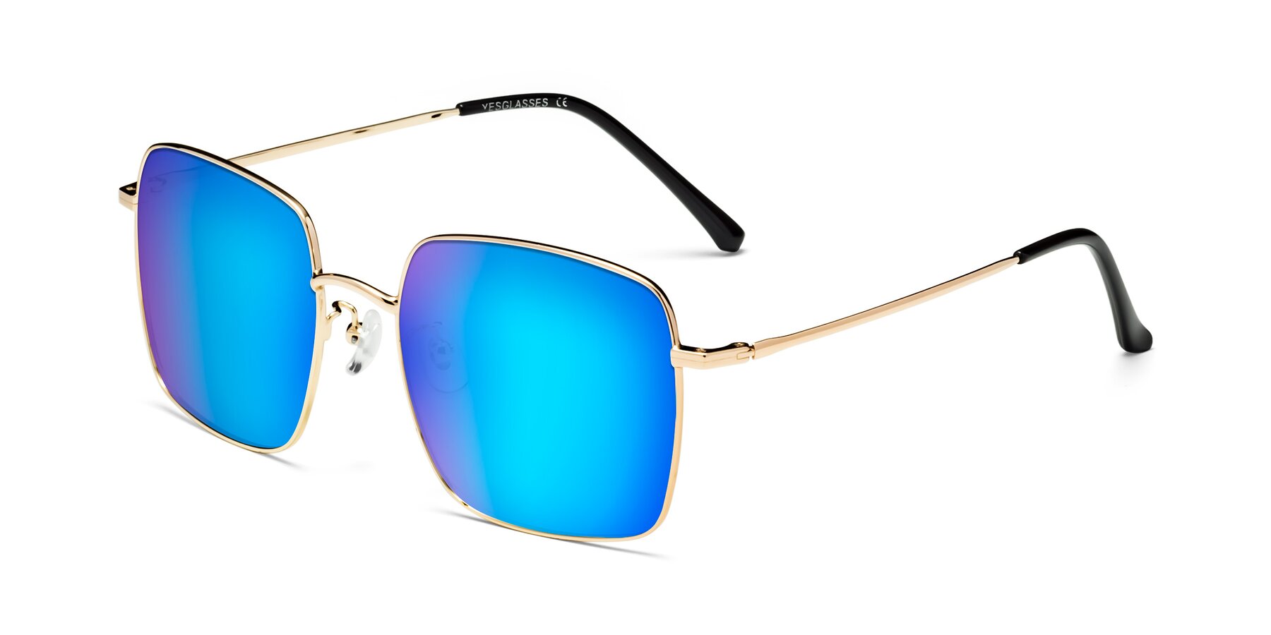 Angle of Billie in Gold with Blue Mirrored Lenses