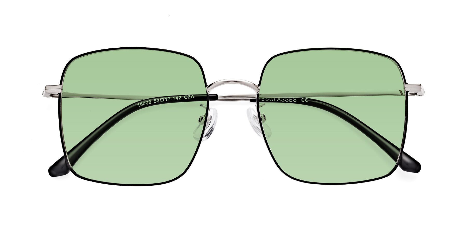 Folded Front of Billie in Black-Silver with Medium Green Tinted Lenses