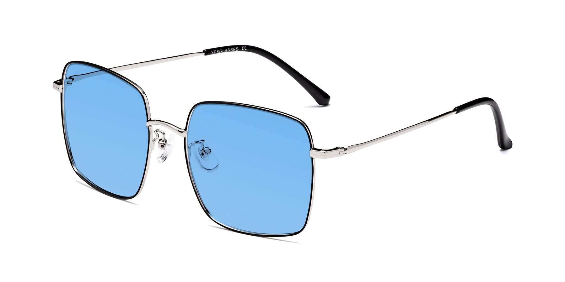 Angle of Billie in Black-Silver with Medium Blue Tinted Lenses