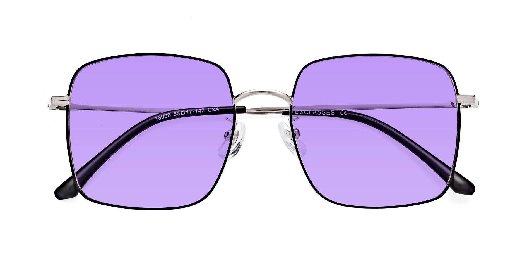 Folded Front of Billie in Black-Silver with Medium Purple Tinted Lenses