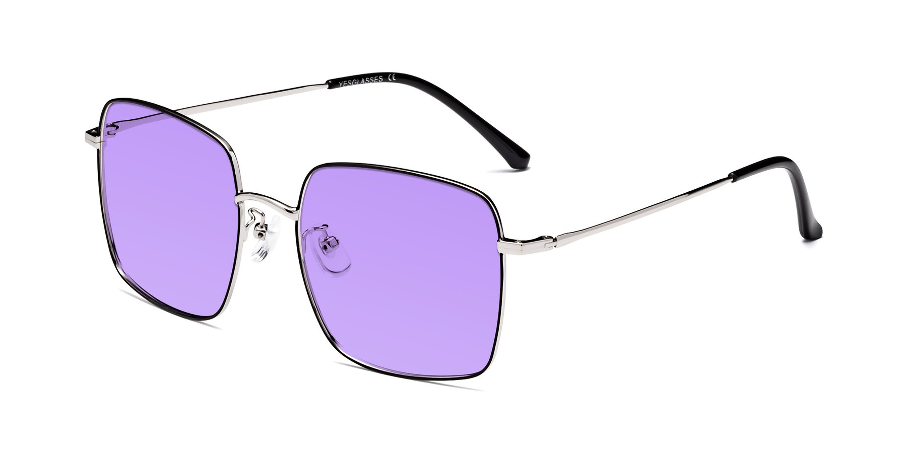 Angle of Billie in Black-Silver with Medium Purple Tinted Lenses