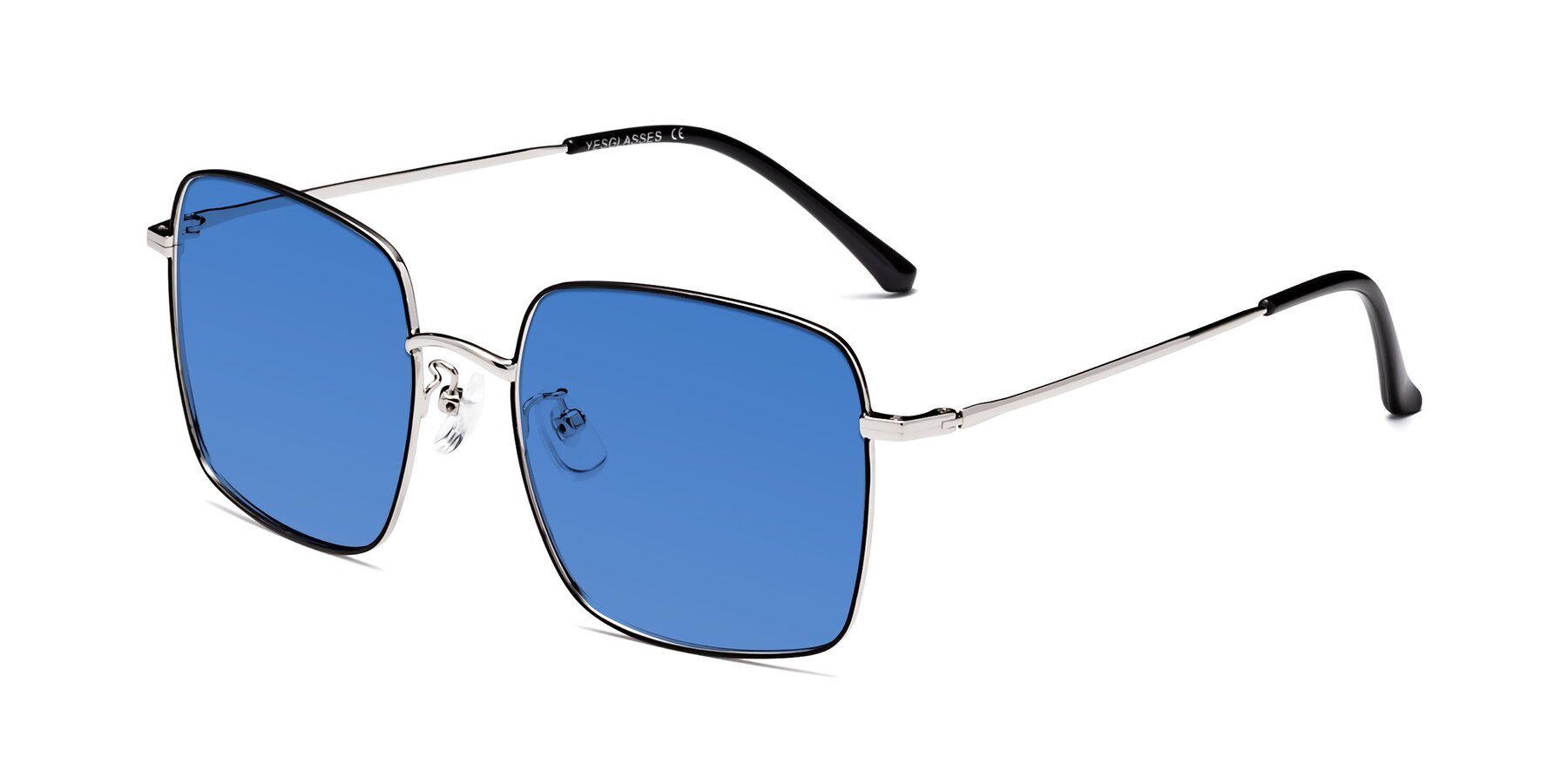Angle of Billie in Black-Silver with Blue Tinted Lenses