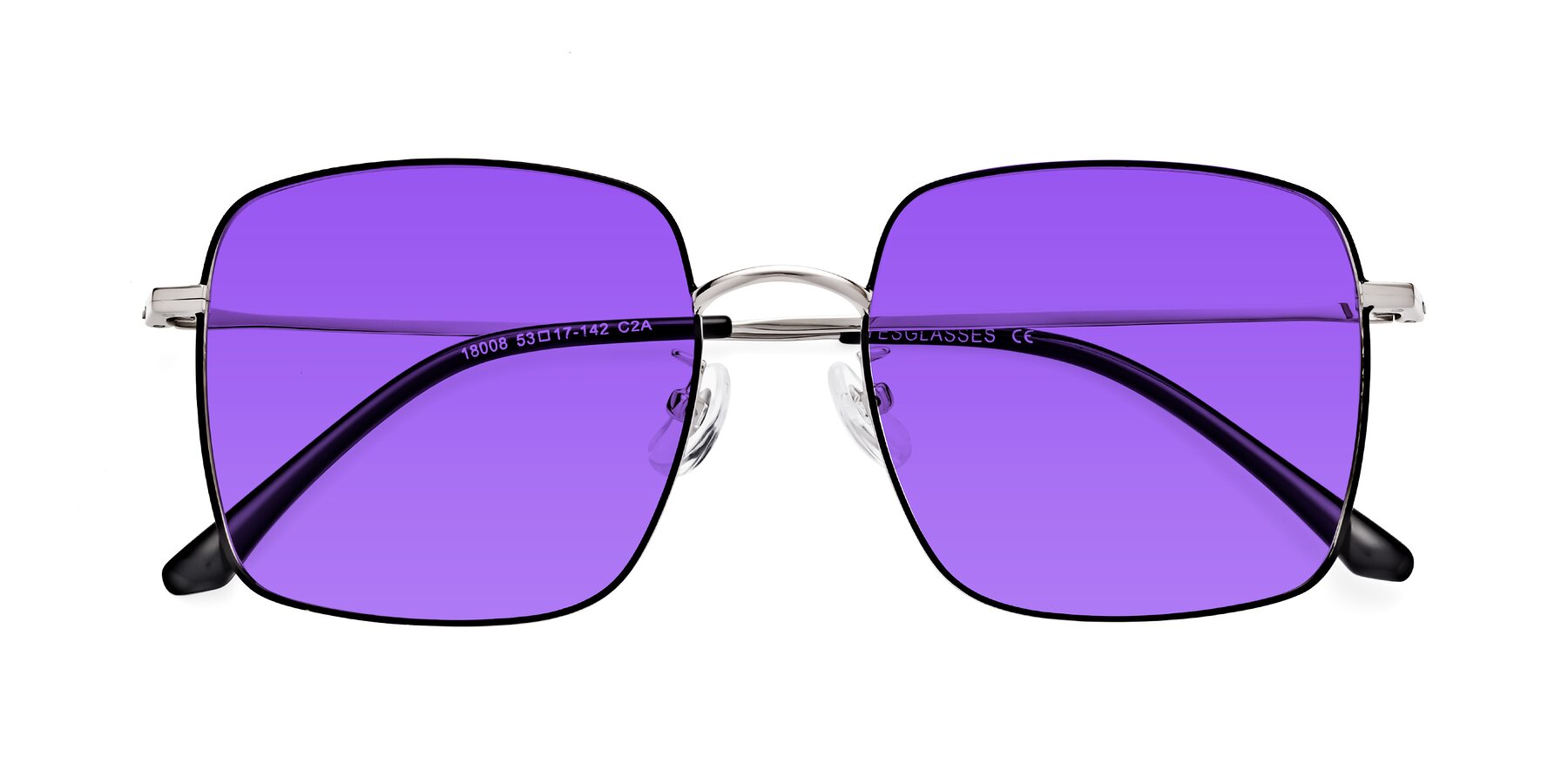 Folded Front of Billie in Black-Silver with Purple Tinted Lenses