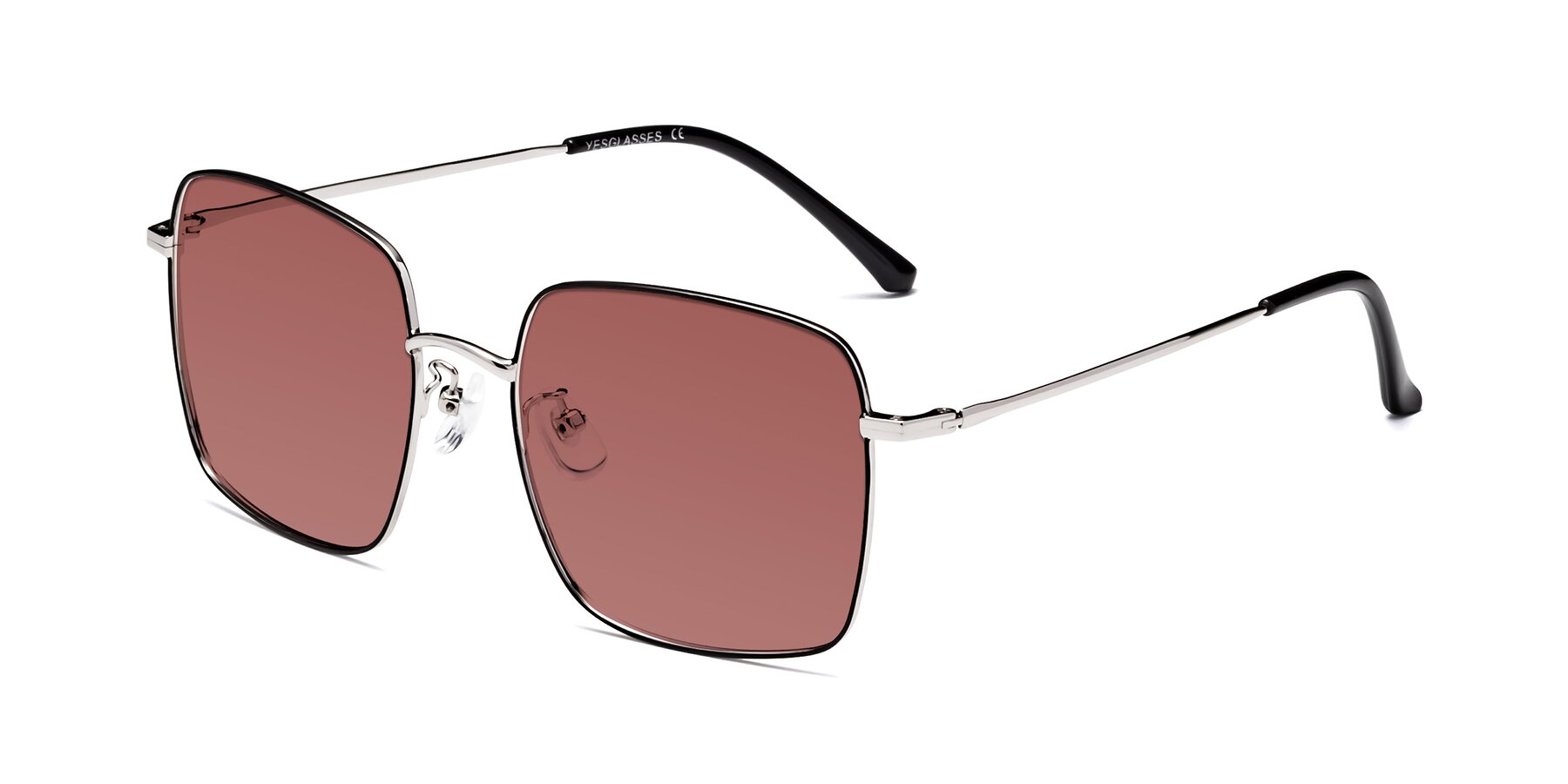 Angle of Billie in Black-Silver with Garnet Tinted Lenses