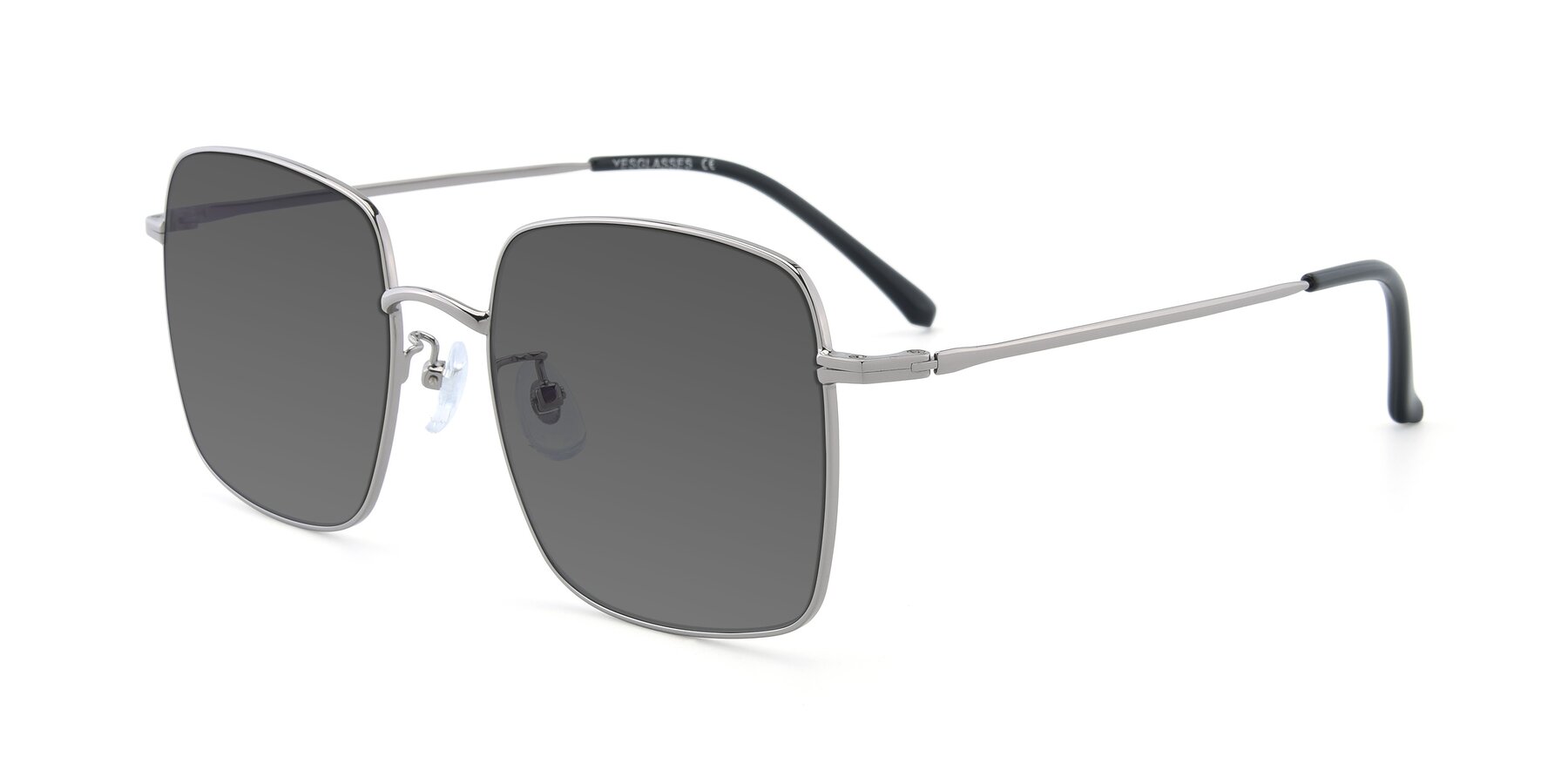 Angle of Billie in Silver with Medium Gray Tinted Lenses