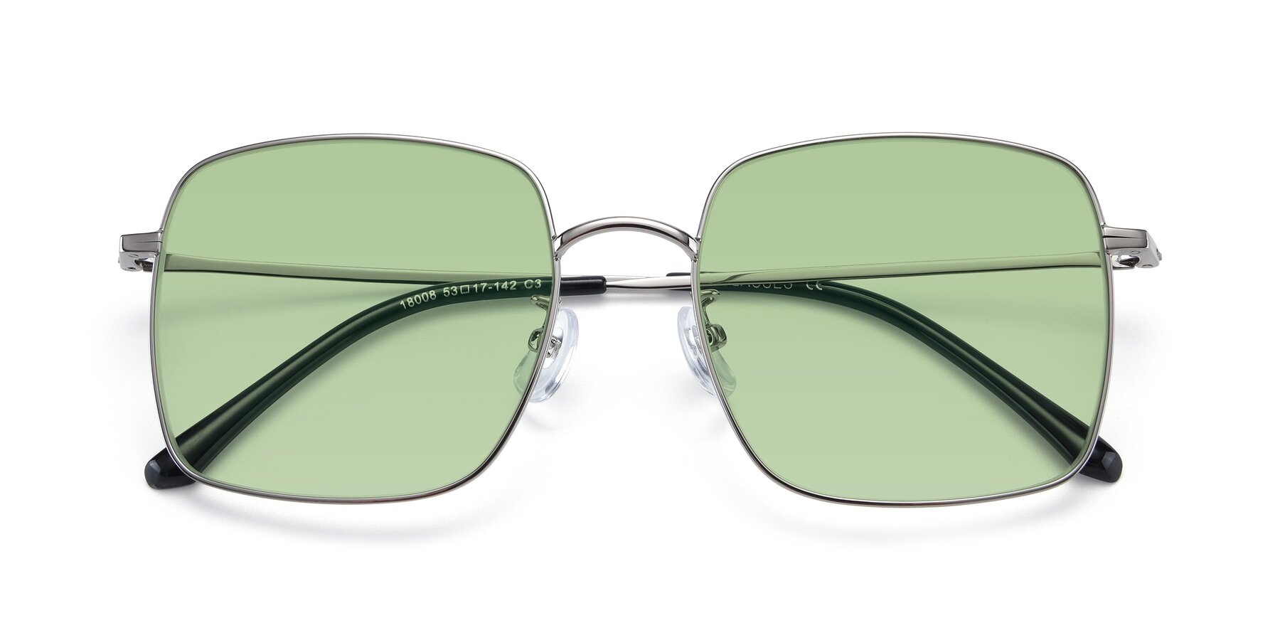 Folded Front of Billie in Silver with Medium Green Tinted Lenses