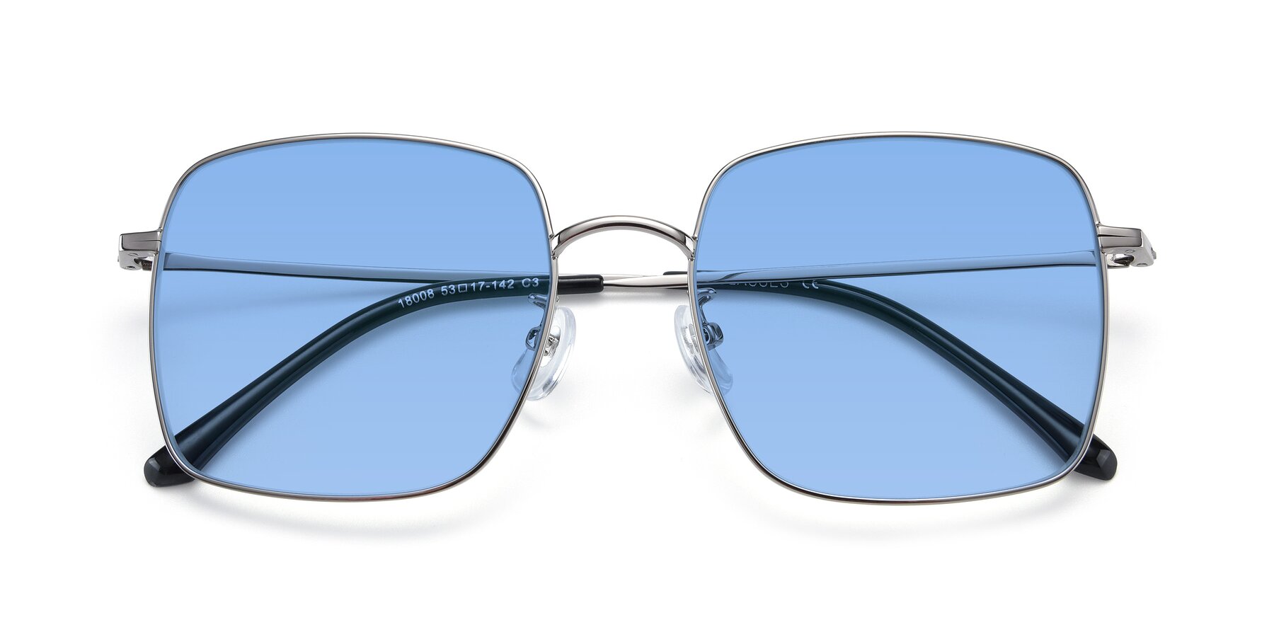 Folded Front of Billie in Silver with Medium Blue Tinted Lenses