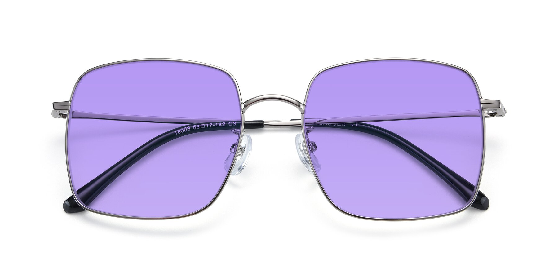Folded Front of Billie in Silver with Medium Purple Tinted Lenses
