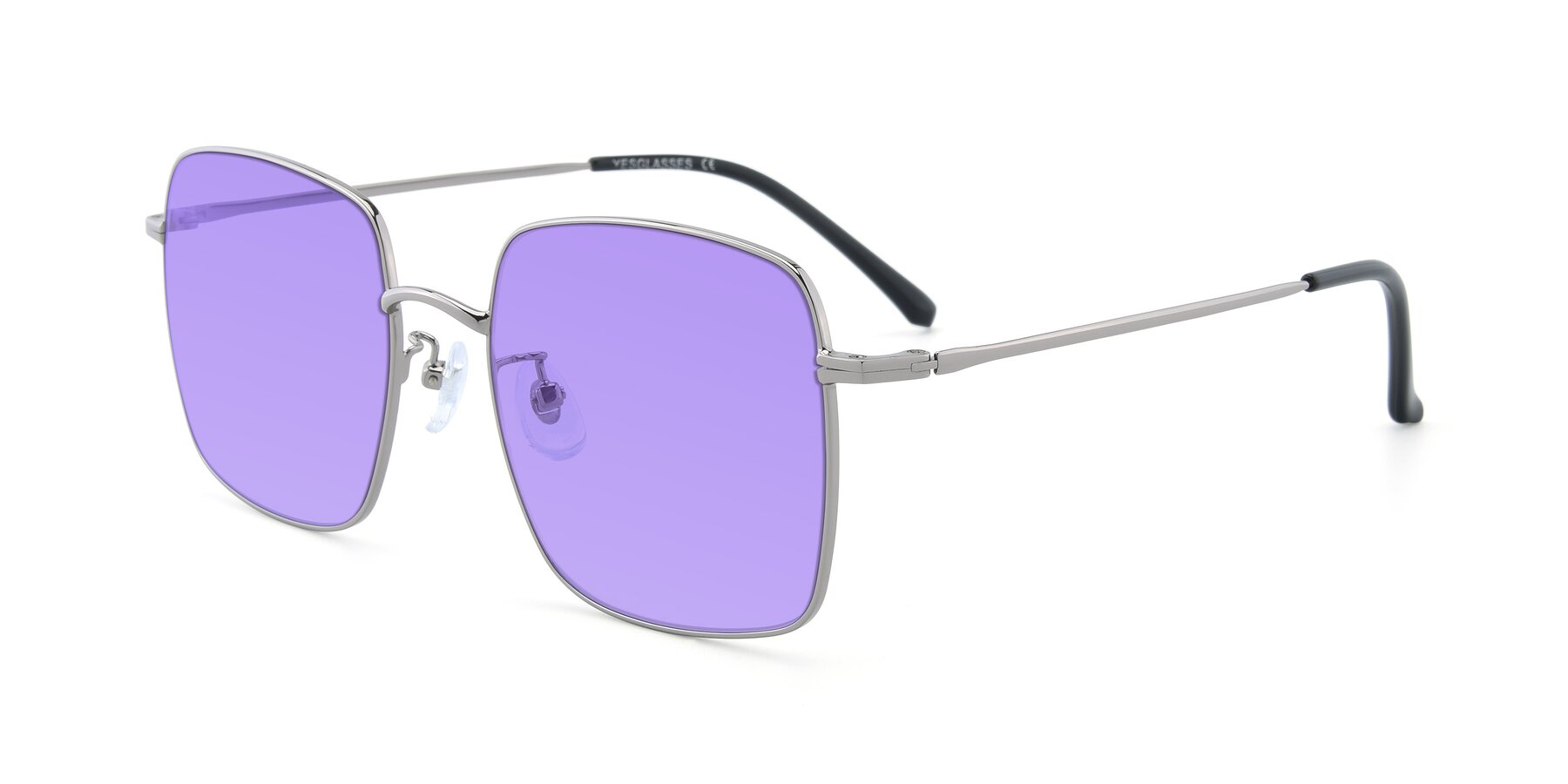 Angle of Billie in Silver with Medium Purple Tinted Lenses