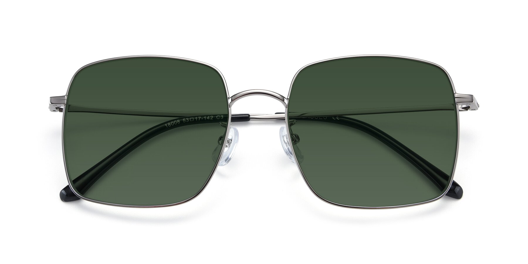 Folded Front of Billie in Silver with Green Tinted Lenses