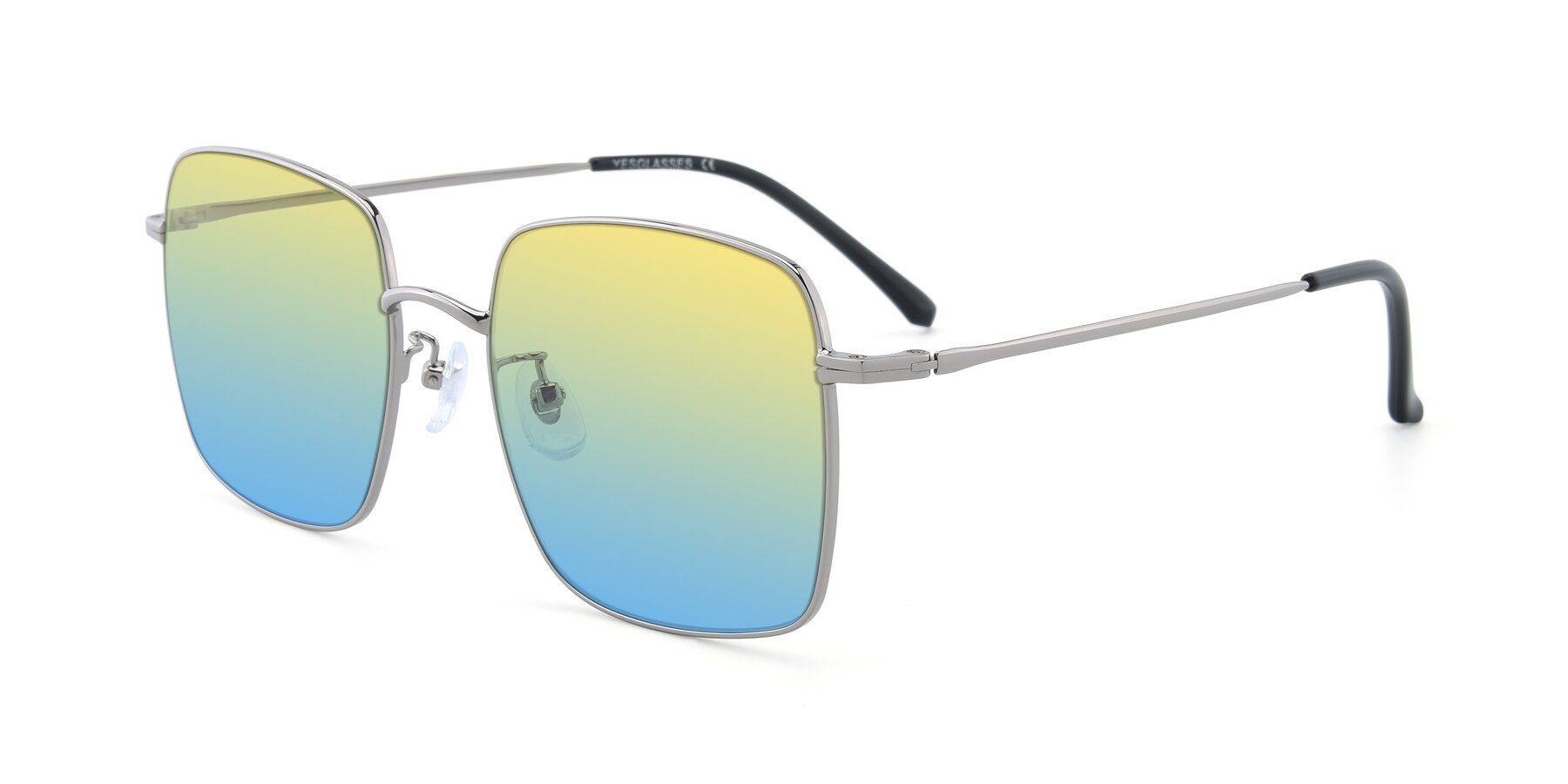 Angle of Billie in Silver with Yellow / Blue Gradient Lenses