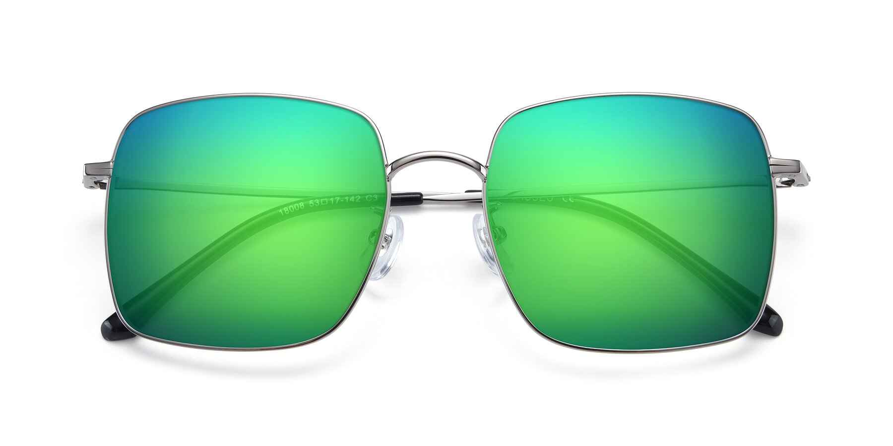 Folded Front of Billie in Silver with Green Mirrored Lenses
