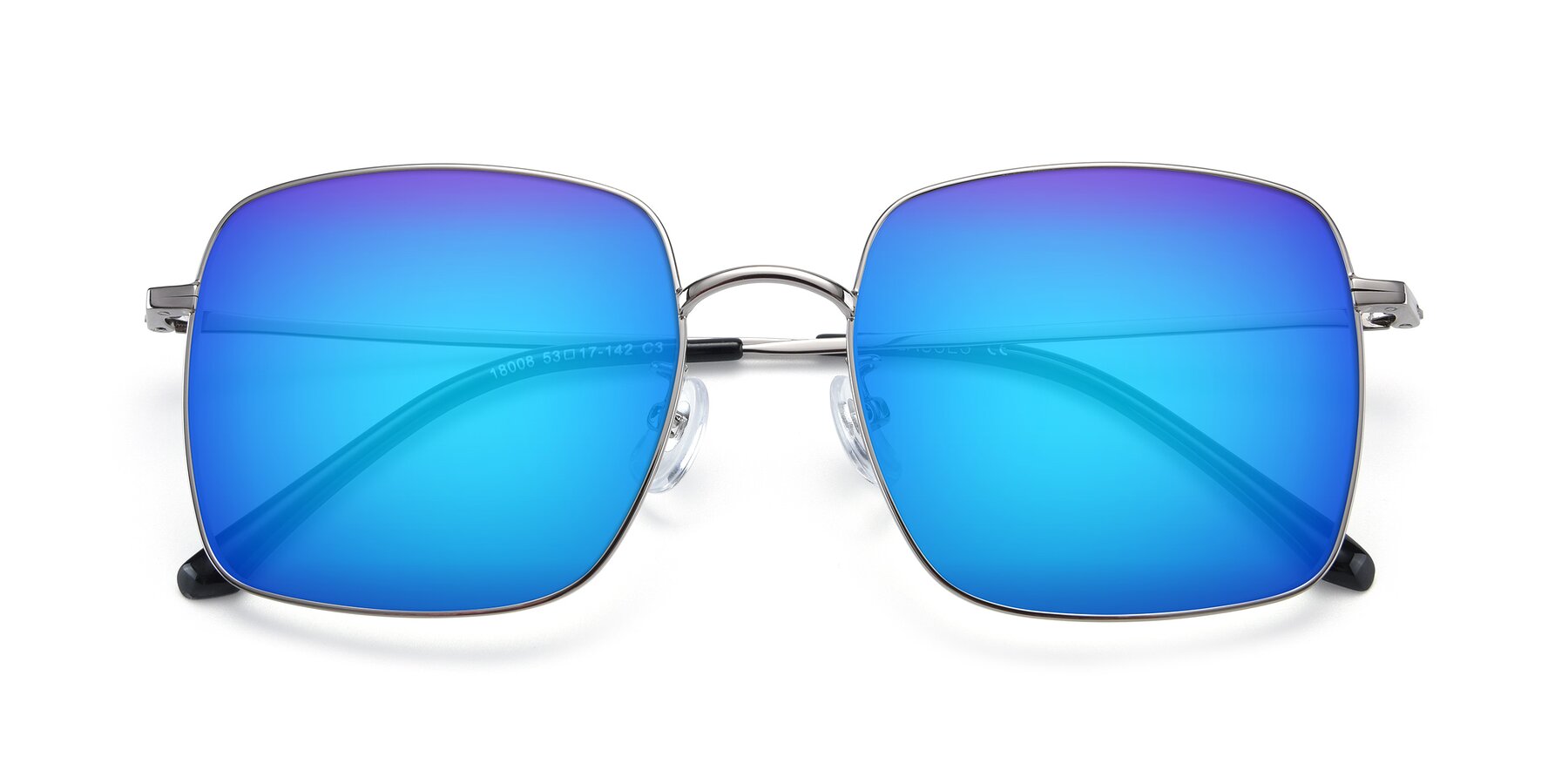 Folded Front of Billie in Silver with Blue Mirrored Lenses