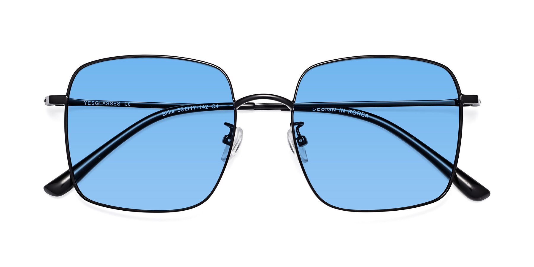Folded Front of Billie in Black with Medium Blue Tinted Lenses