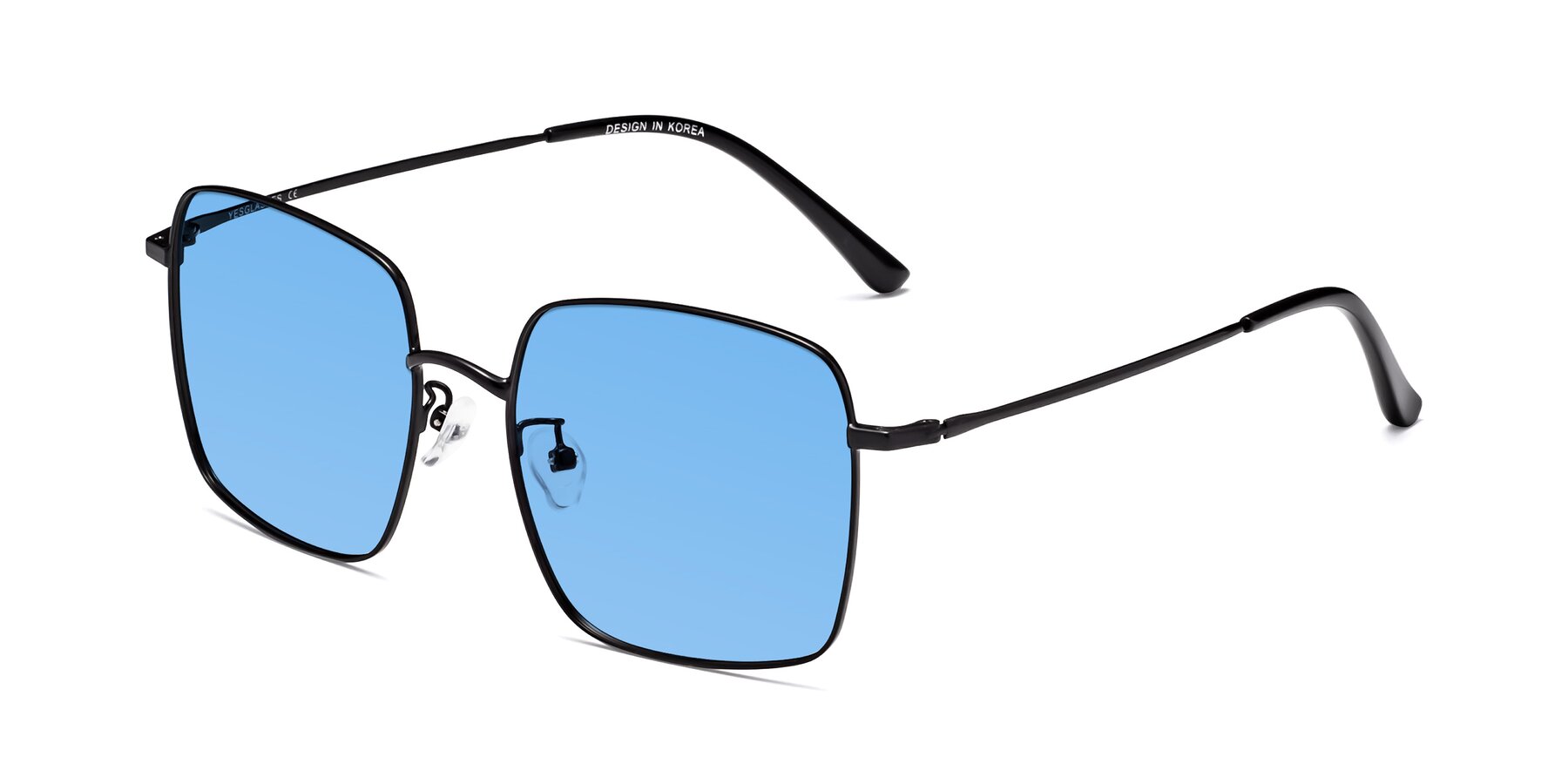 Angle of Billie in Black with Medium Blue Tinted Lenses