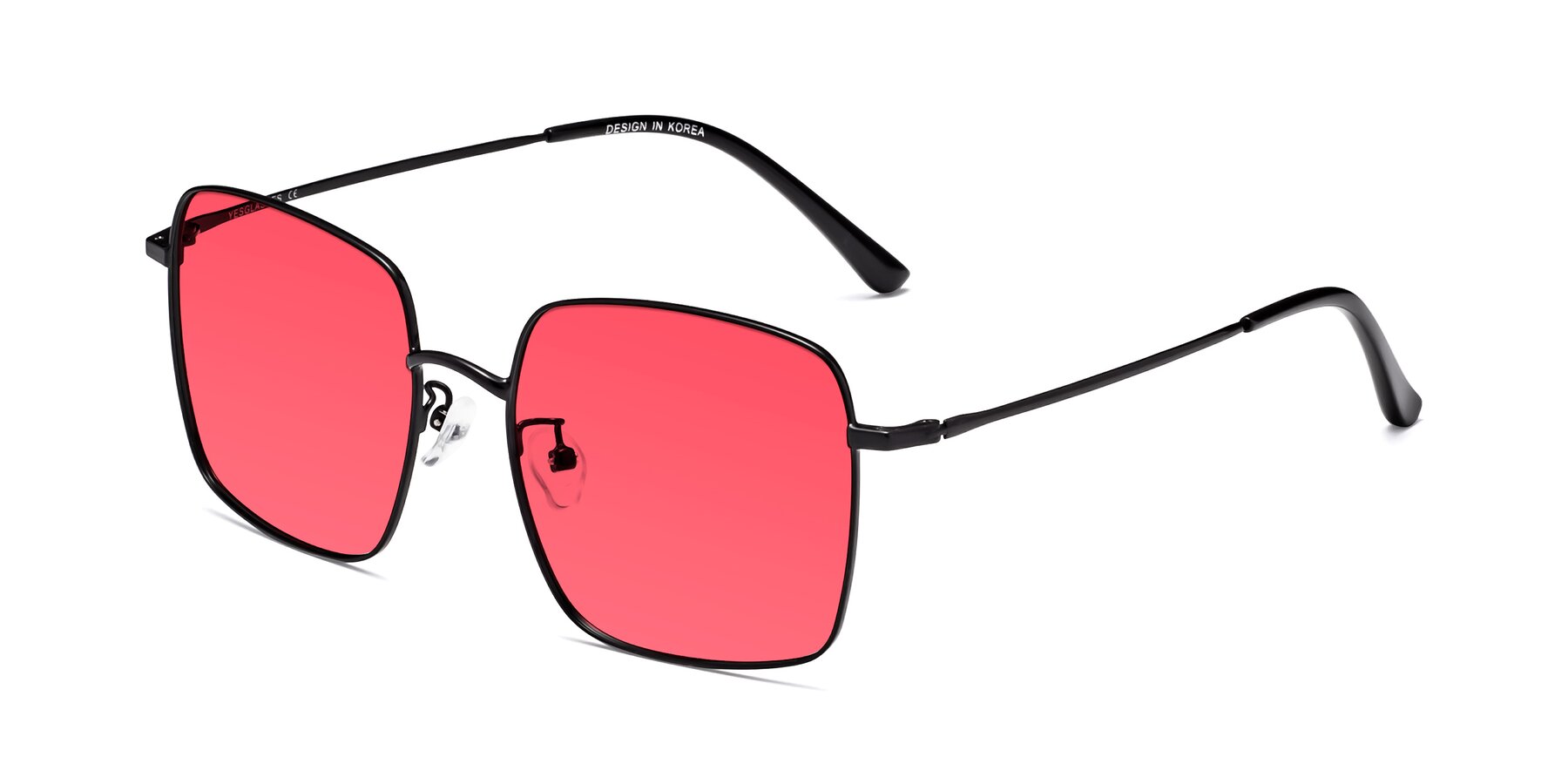 Angle of Billie in Black with Red Tinted Lenses