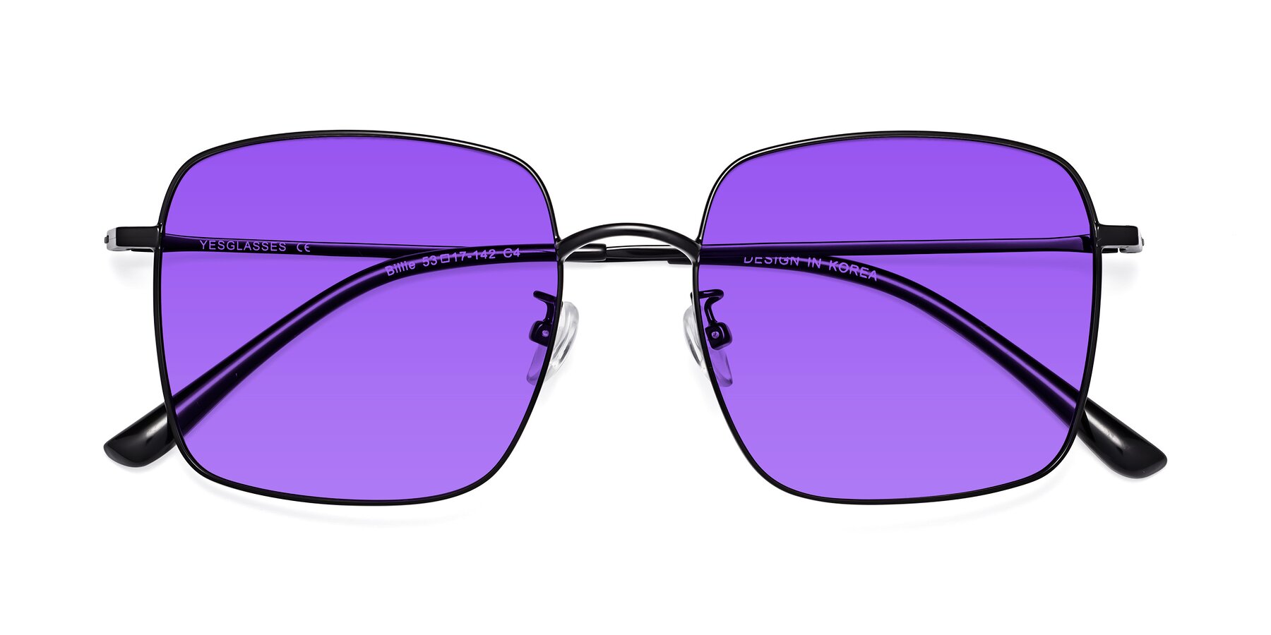 Folded Front of Billie in Black with Purple Tinted Lenses