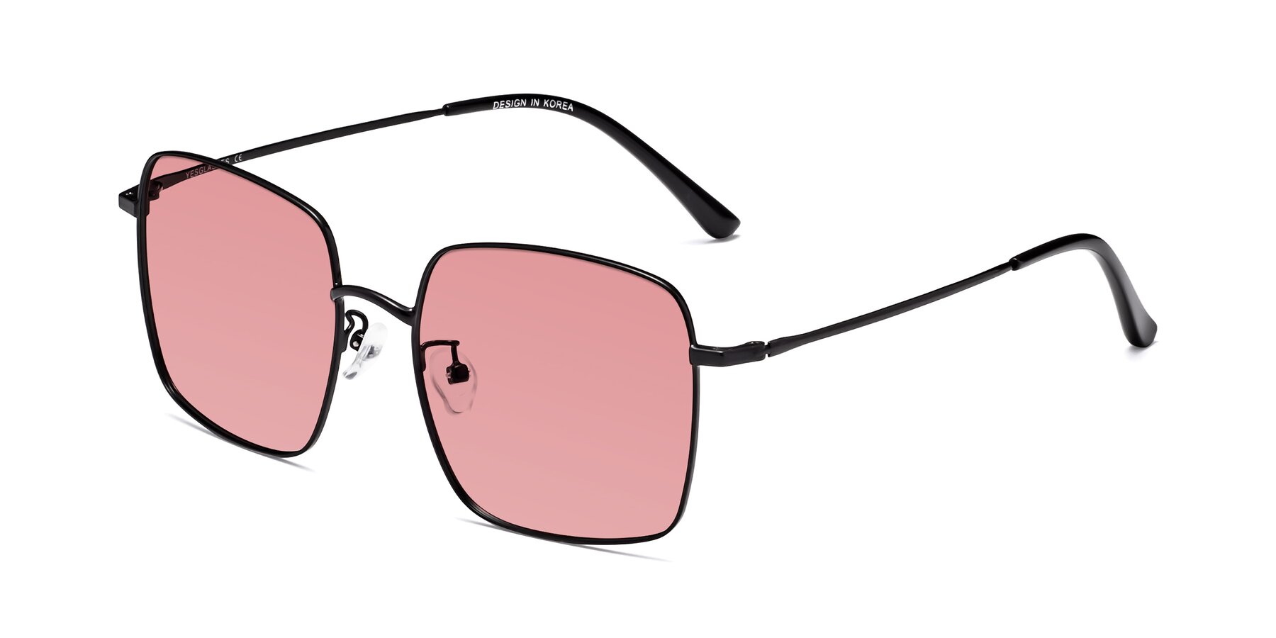 Angle of Billie in Black with Medium Garnet Tinted Lenses