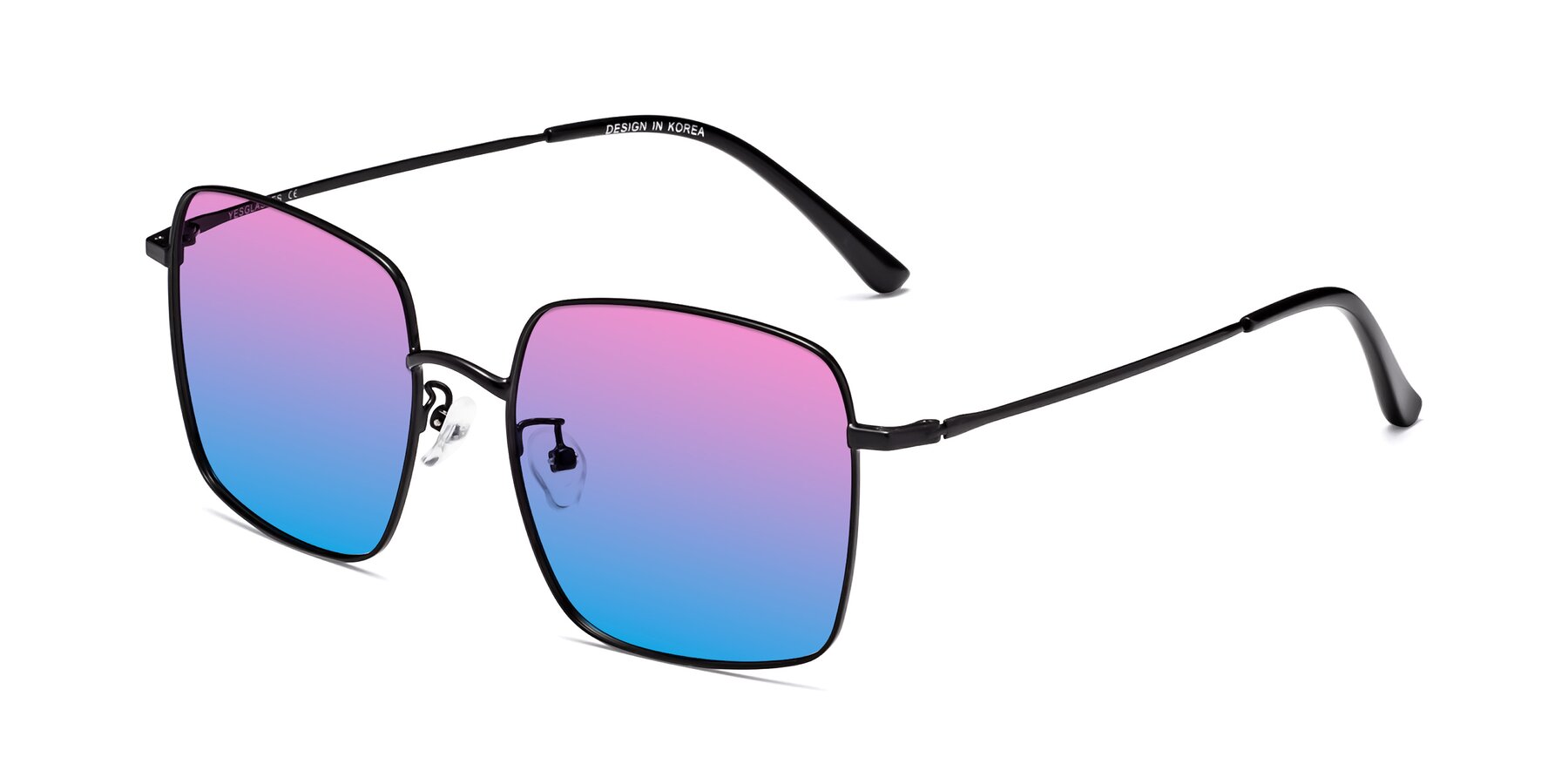 Angle of Billie in Black with Pink / Blue Gradient Lenses