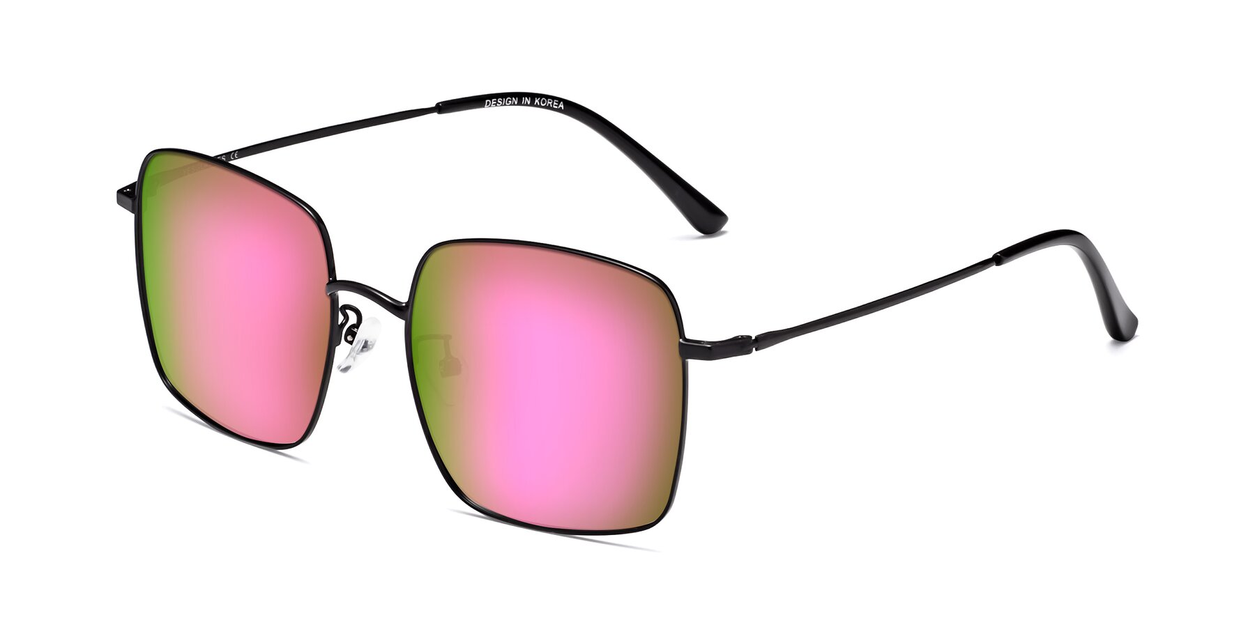 Angle of Billie in Black with Pink Mirrored Lenses