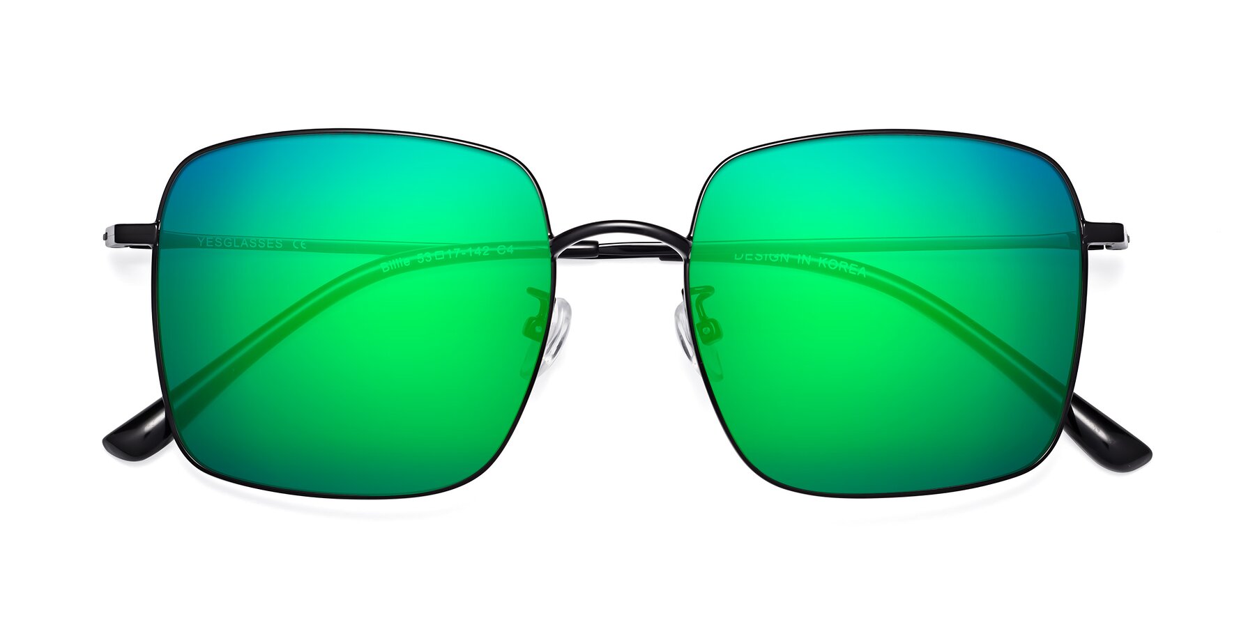 Folded Front of Billie in Black with Green Mirrored Lenses
