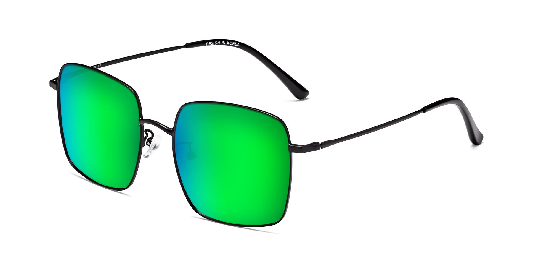 Angle of Billie in Black with Green Mirrored Lenses