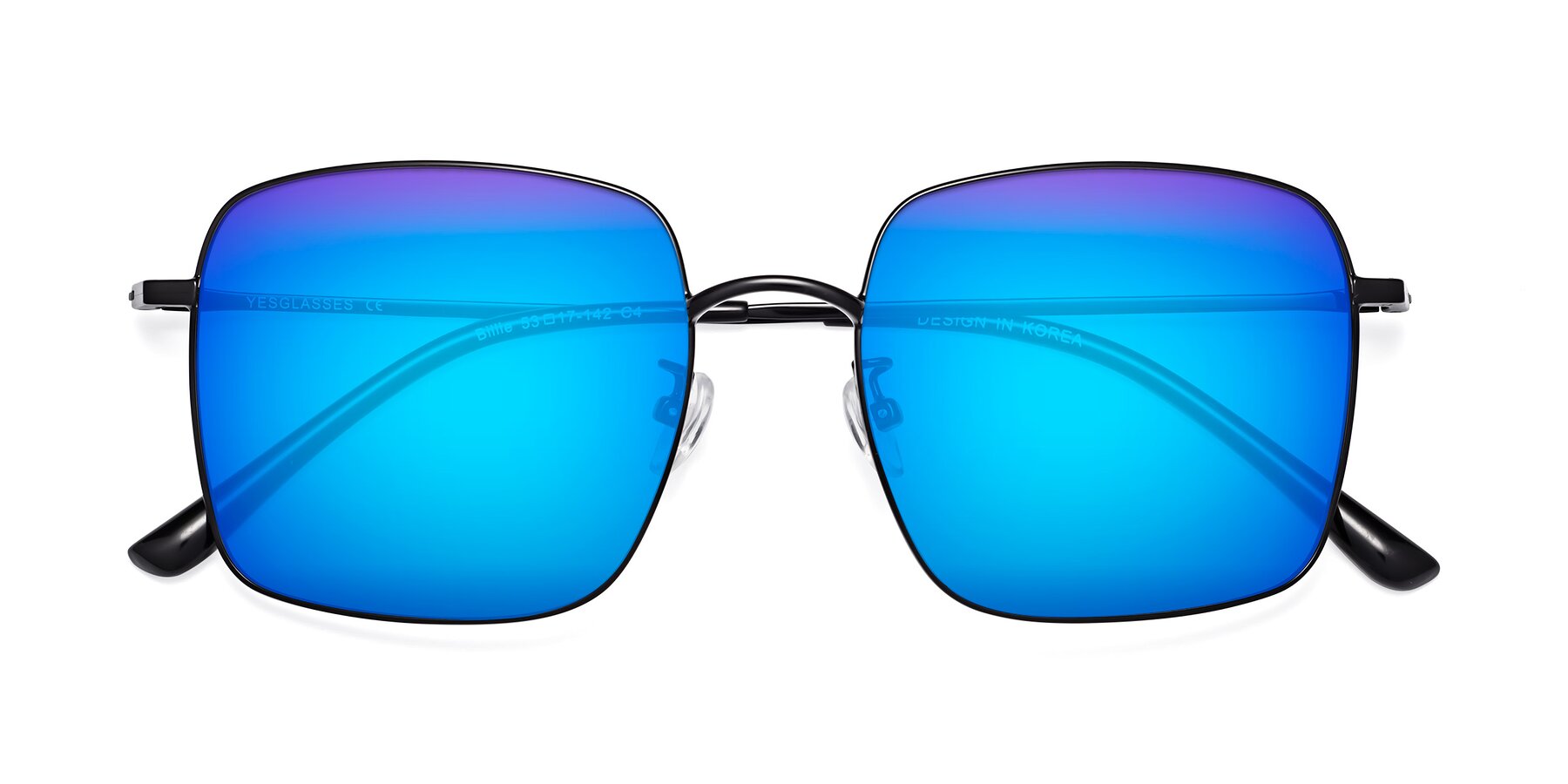 Folded Front of Billie in Black with Blue Mirrored Lenses