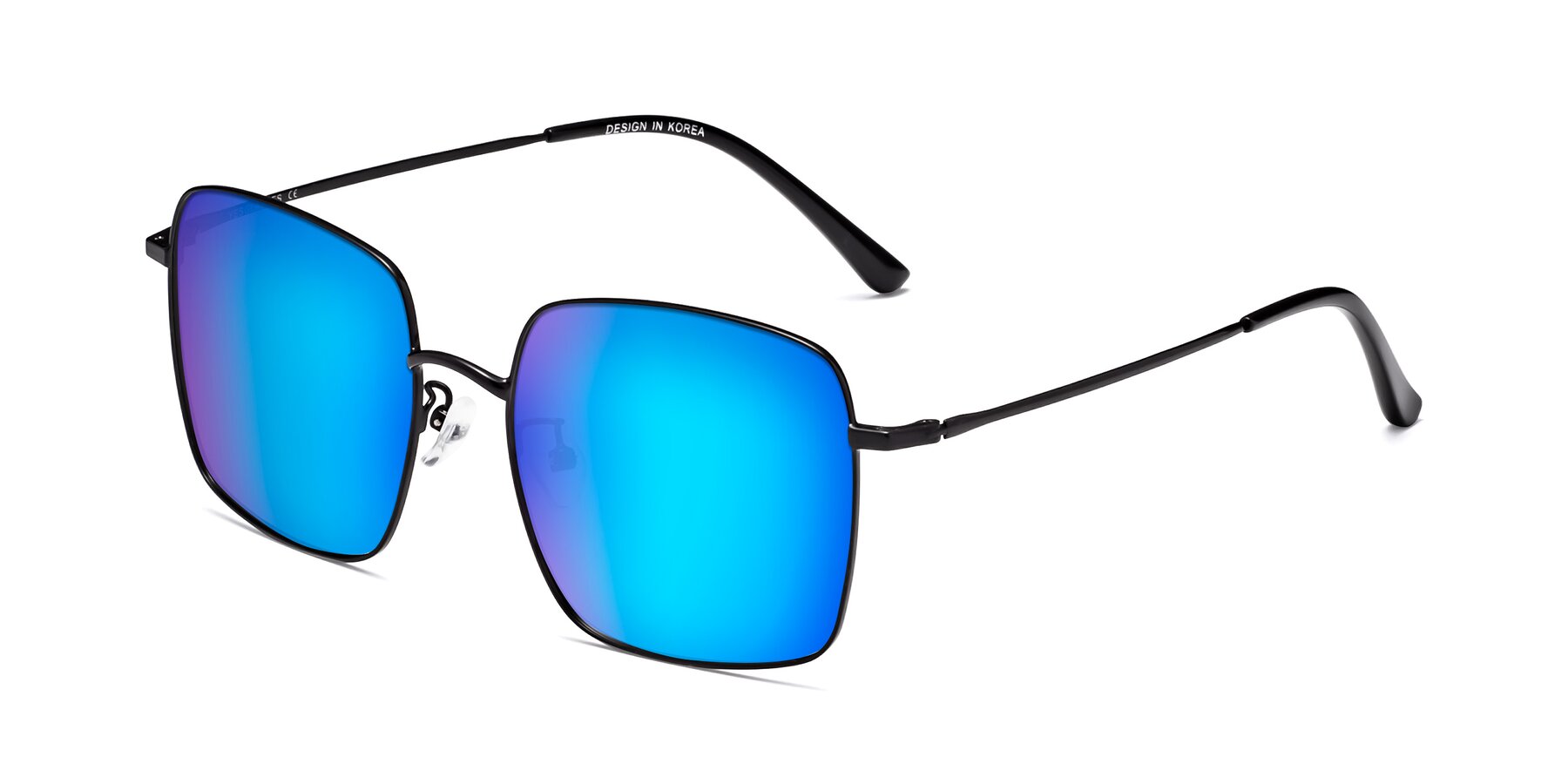 Angle of Billie in Black with Blue Mirrored Lenses