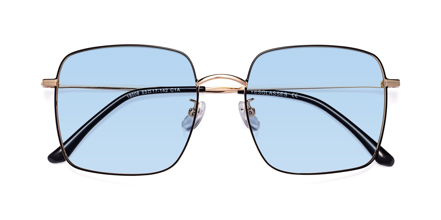 Folded Front of Billie in Black-Gold with Light Blue Tinted Lenses