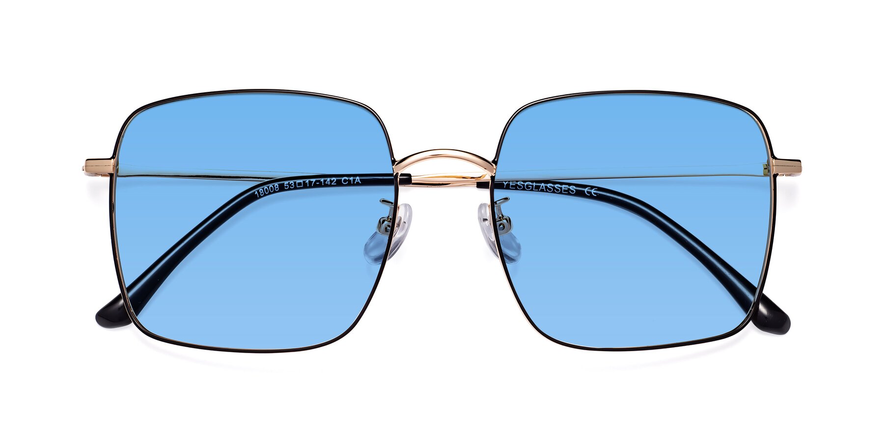 Folded Front of Billie in Black-Gold with Medium Blue Tinted Lenses