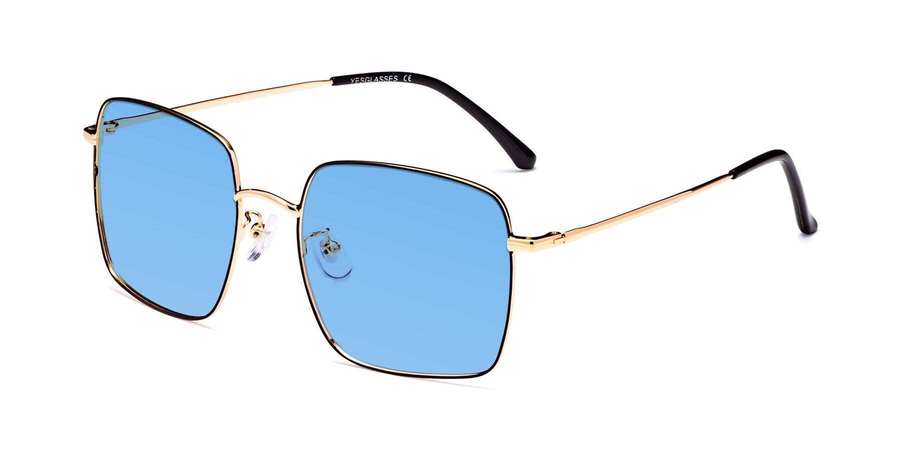 Angle of Billie in Black-Gold with Medium Blue Tinted Lenses