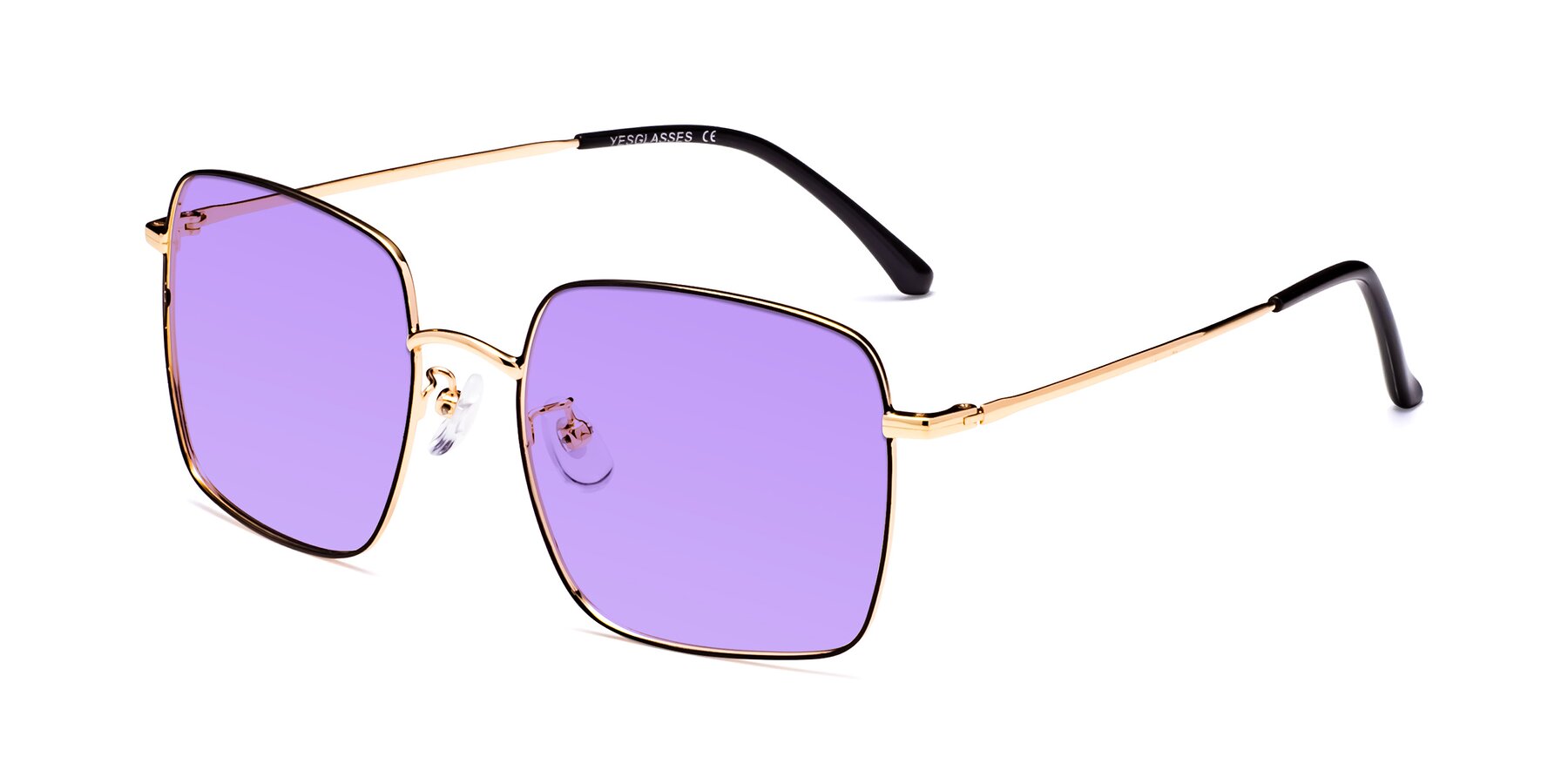 Angle of Billie in Black-Gold with Medium Purple Tinted Lenses