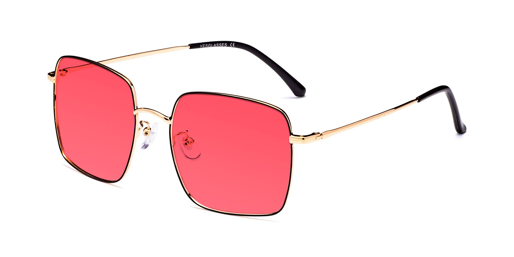 Angle of Billie in Black-Gold with Red Tinted Lenses