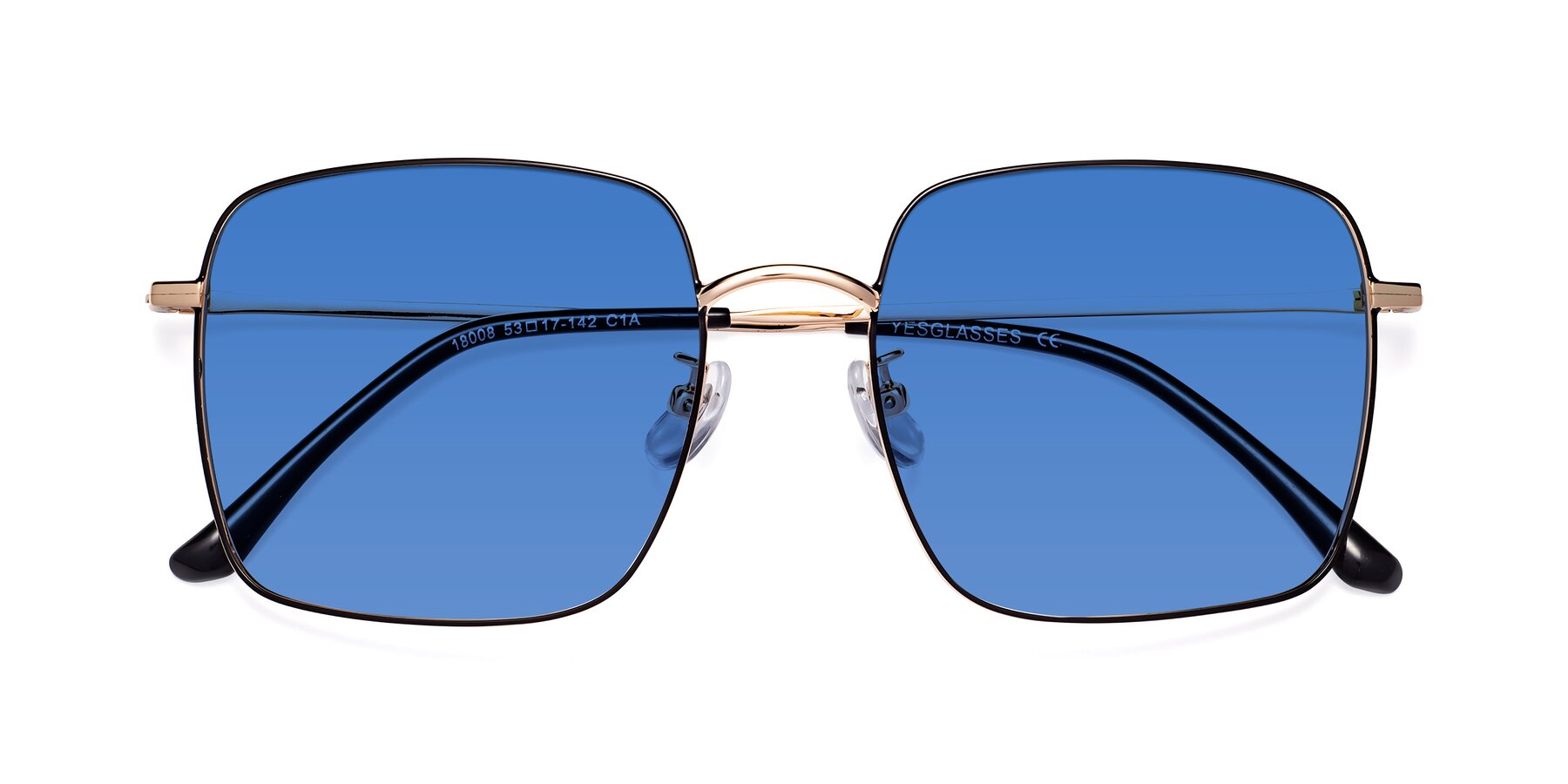 Folded Front of Billie in Black-Gold with Blue Tinted Lenses