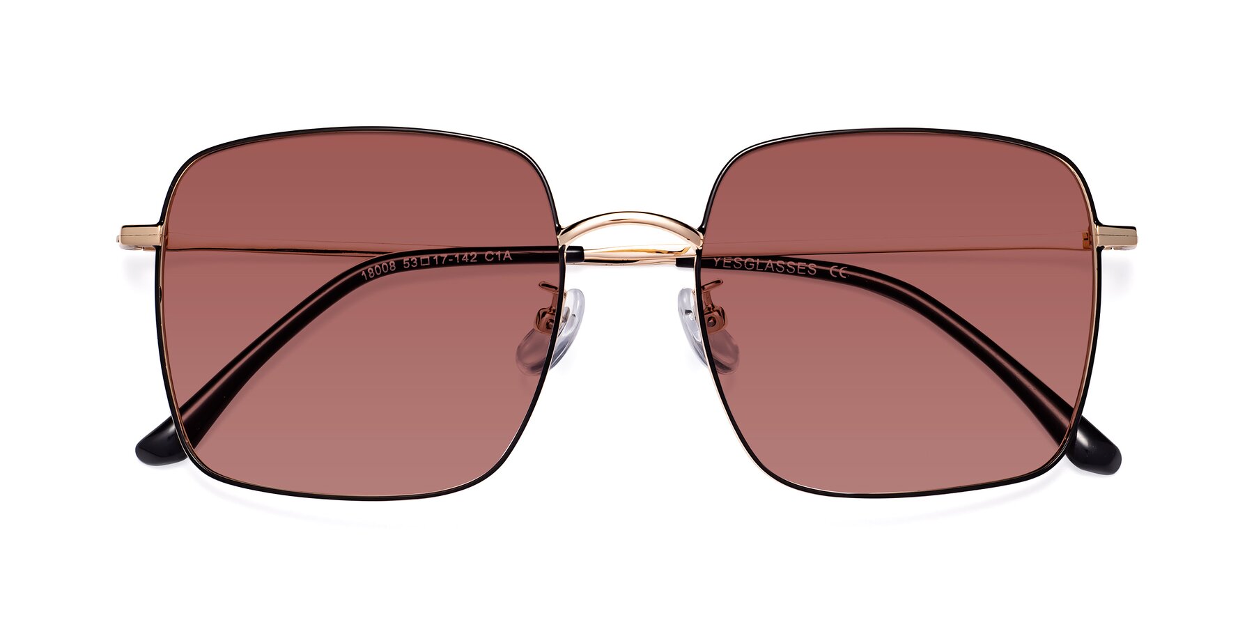 Folded Front of Billie in Black-Gold with Garnet Tinted Lenses