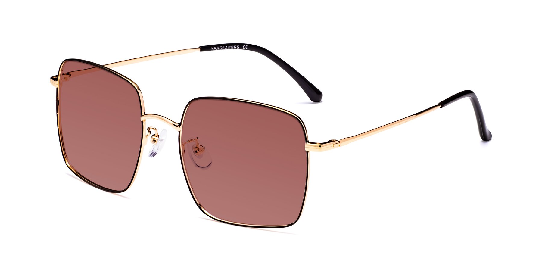 Angle of Billie in Black-Gold with Garnet Tinted Lenses