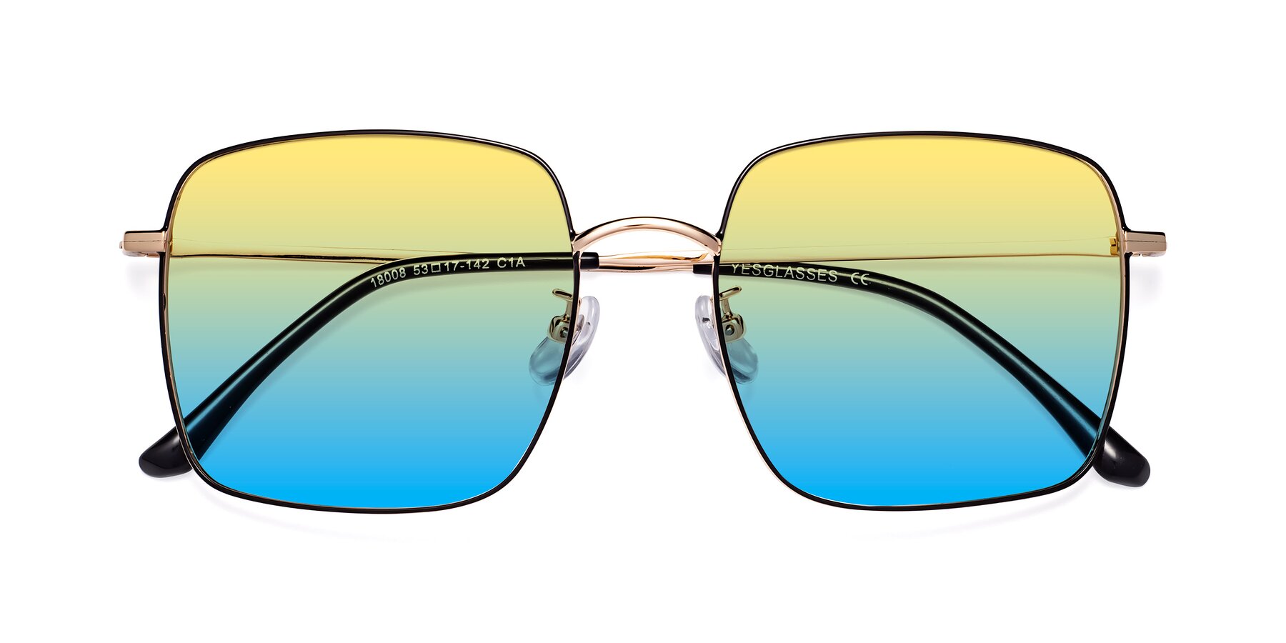 Folded Front of Billie in Black-Gold with Yellow / Blue Gradient Lenses