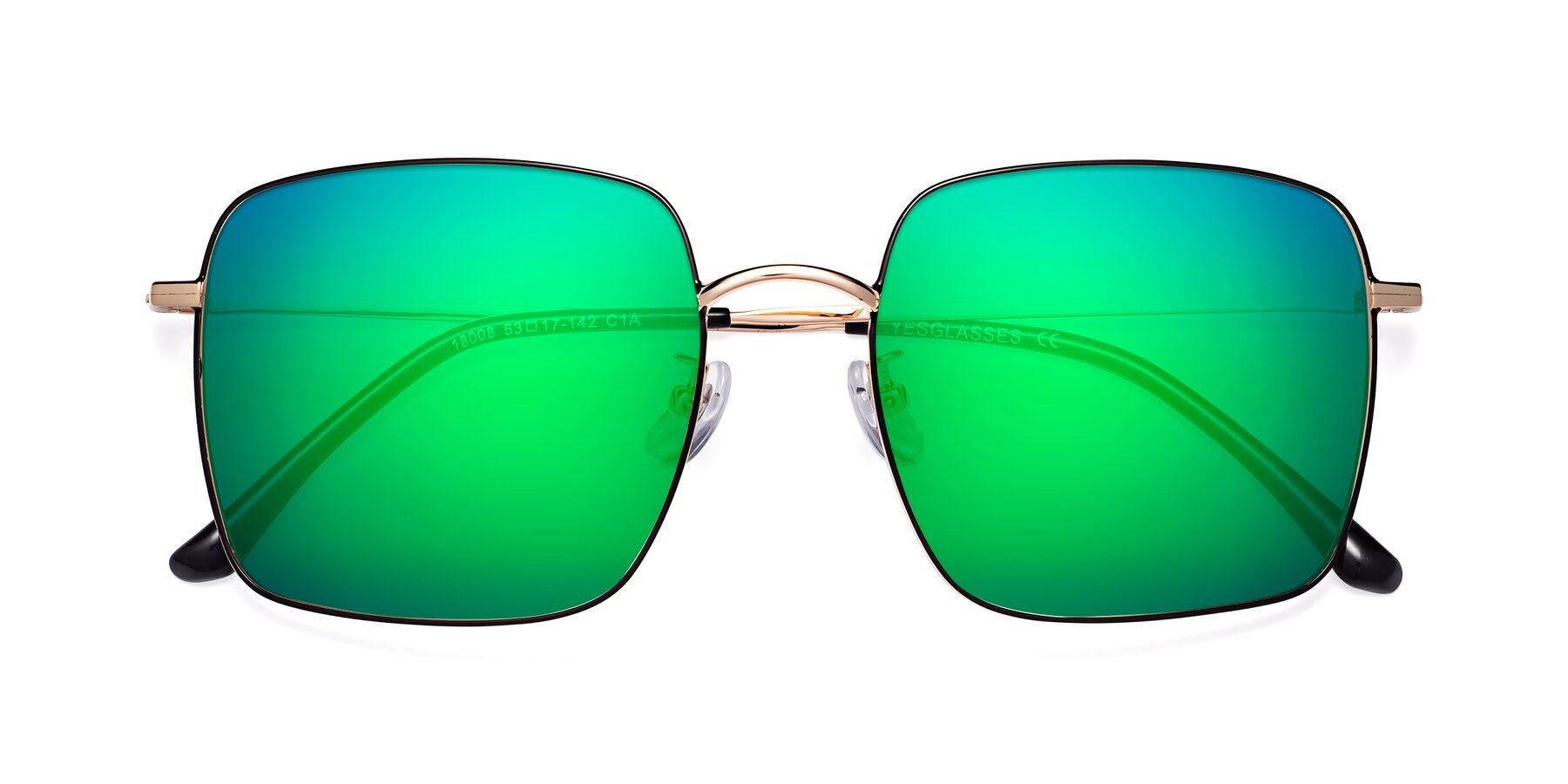 Folded Front of Billie in Black-Gold with Green Mirrored Lenses