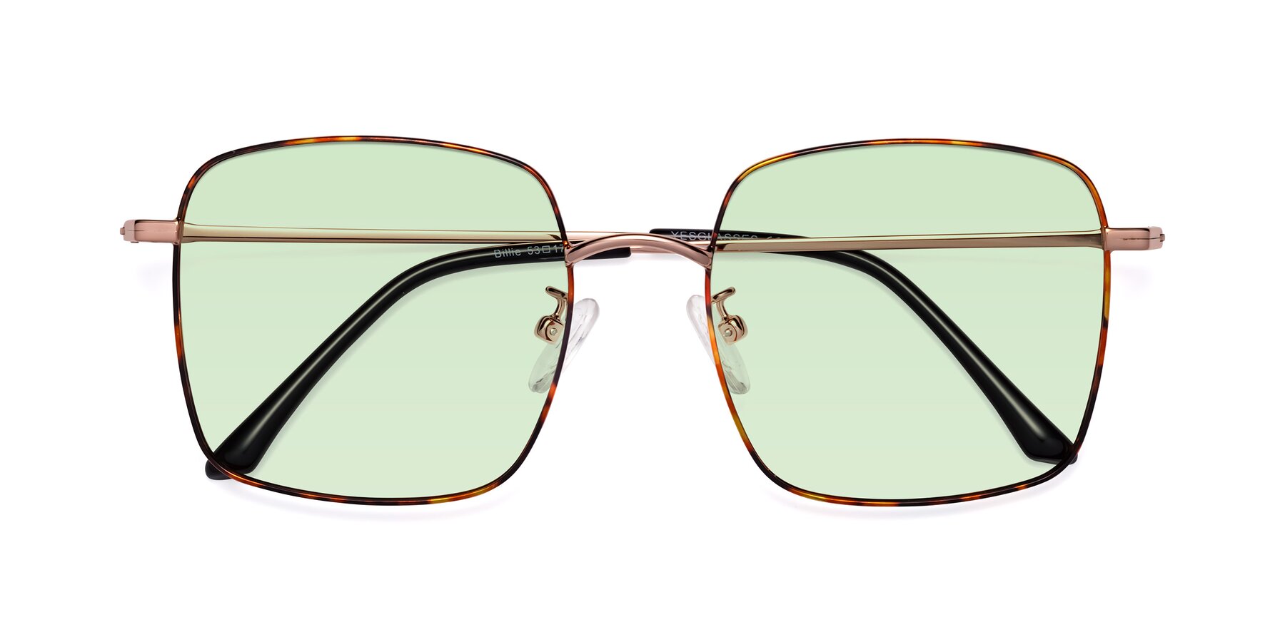 Folded Front of Billie in Tortoise with Light Green Tinted Lenses