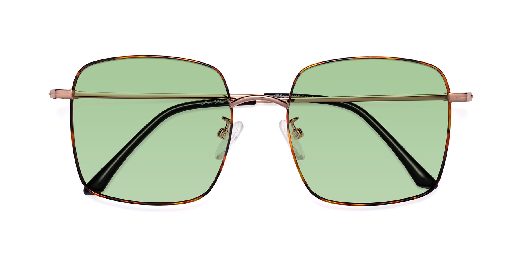Folded Front of Billie in Tortoise with Medium Green Tinted Lenses