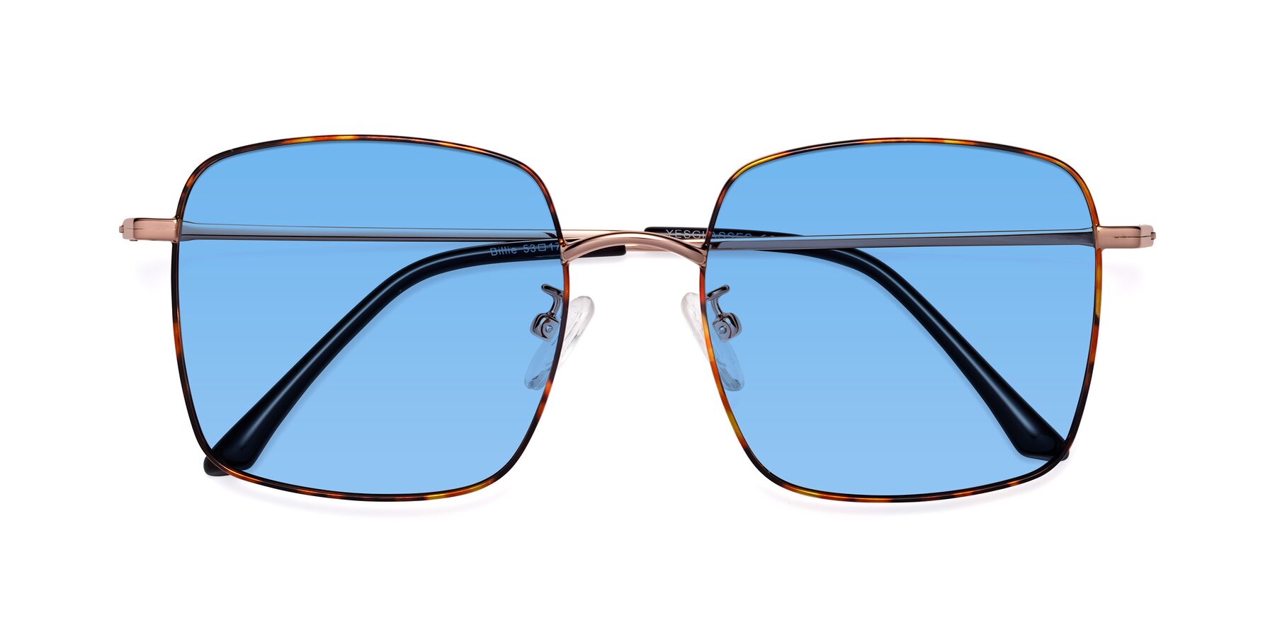 Folded Front of Billie in Tortoise with Medium Blue Tinted Lenses