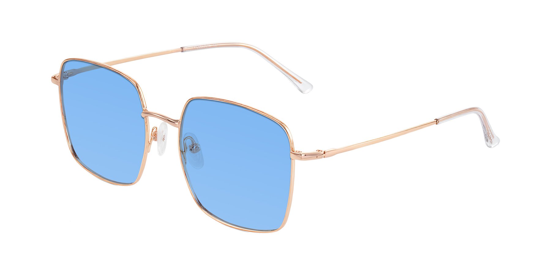 Angle of Billie in Rose Gold with Medium Blue Tinted Lenses
