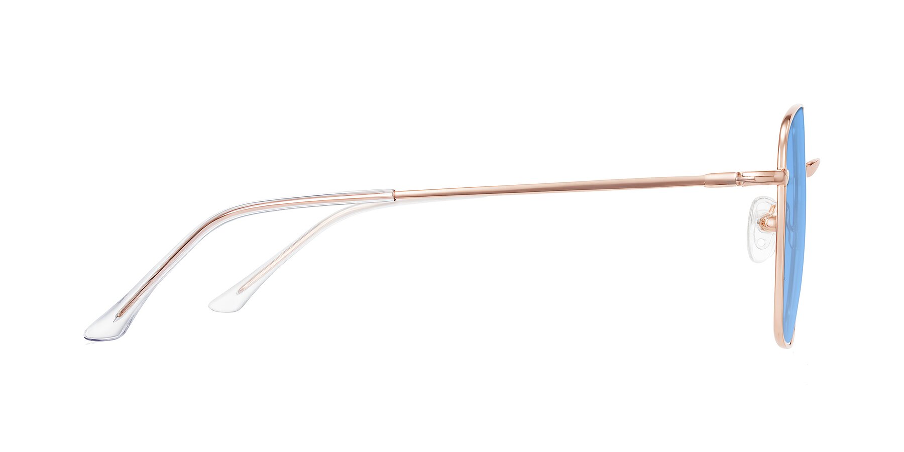 Side of Billie in Rose Gold with Medium Blue Tinted Lenses