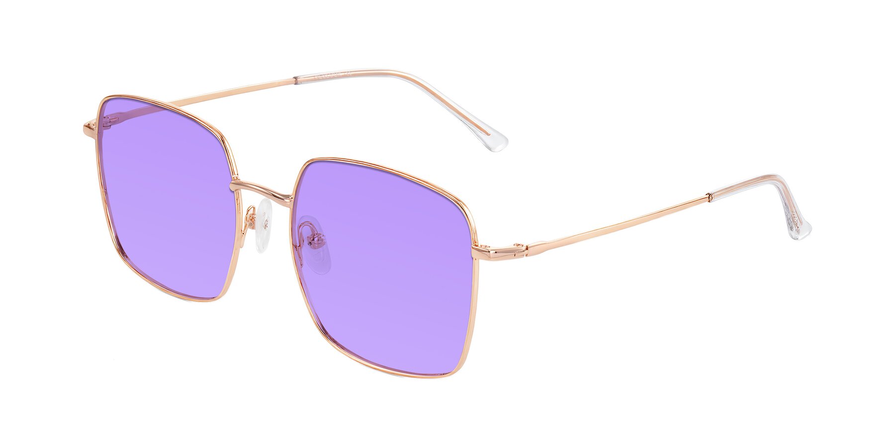 Angle of Billie in Rose Gold with Medium Purple Tinted Lenses